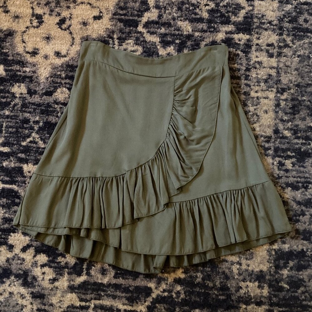 Sage Green Skirt Cross-front Ruffle and Ruffle Hem - Elastic - Slip On - Medium